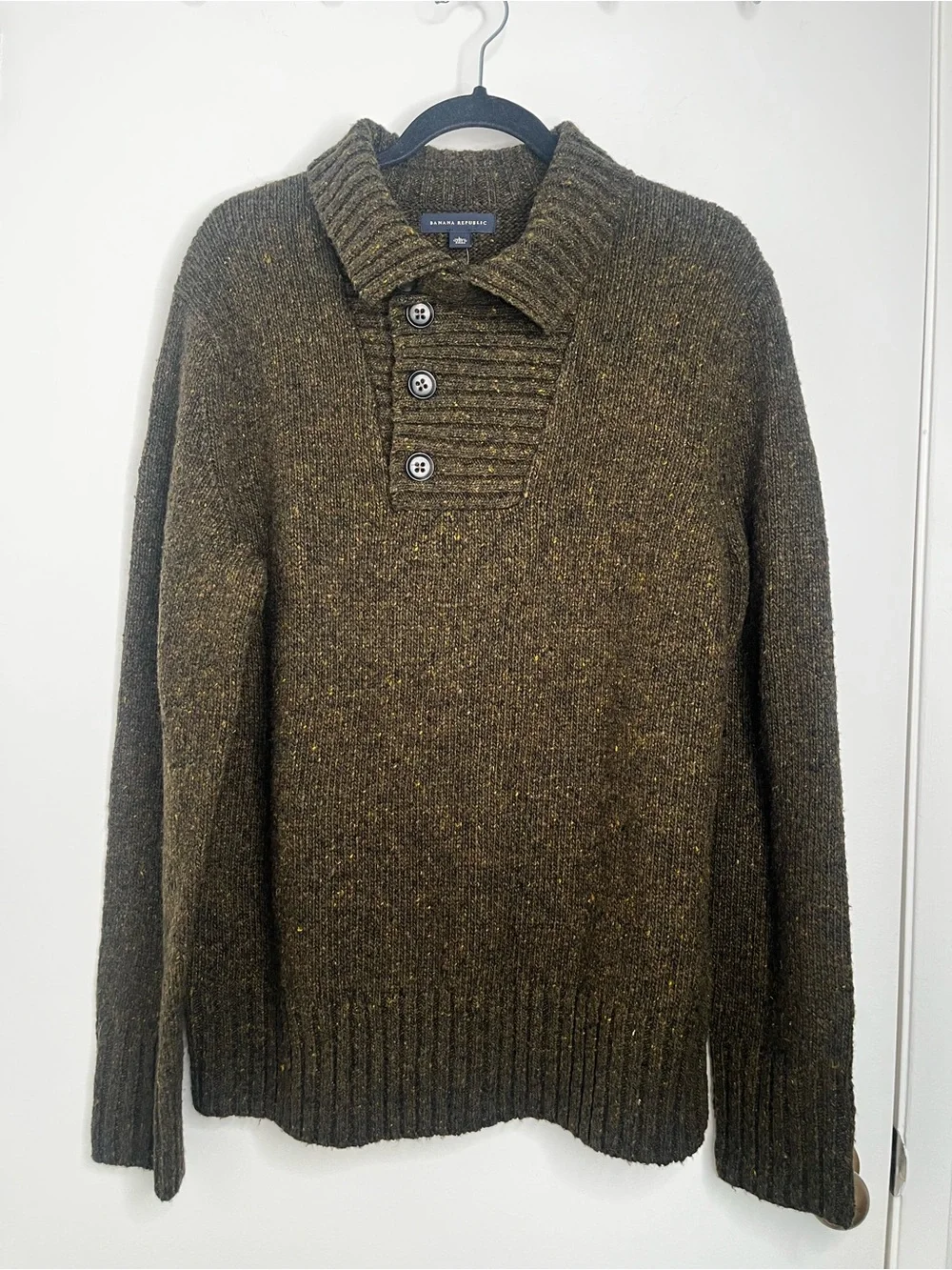 Banana Republic Men Brown ButtonFront LambsWool Blend Sweater Mock Neck L Preppy